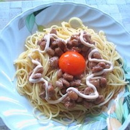 ランチに納豆の卵かけご飯はたまに作るのですが、パスタは初かもしれません(*^-^*)　つるつるとのど越しが良くて栄養があって簡単で・・文句なしです＾＾*